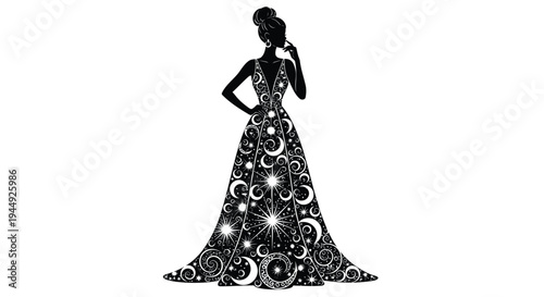 Black and white vector illustration of a woman in a long dress with celestial patterns
