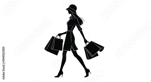 Black silhouette of woman carrying shopping bags vector