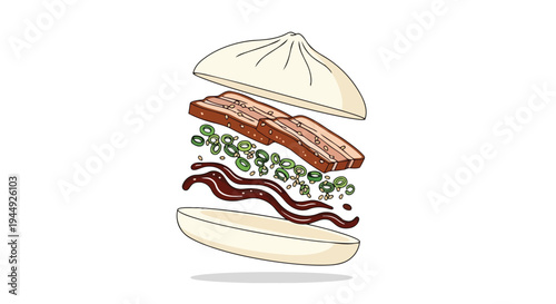 Exploded View of Traditional Steamed Pork Belly Bun