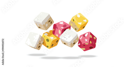 Assorted Colorful Turkish Delight Cubes Floating on White Background