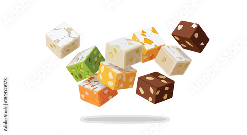 Assorted Nougat Cubes with Nuts and Chocolate Floating on White Background