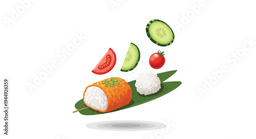 Japanese Skewer Food Illustration with Rice and Fresh Vegetables