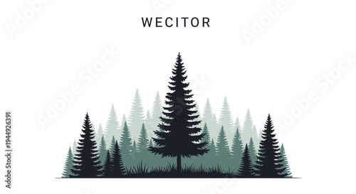 Black Pine Trees Forest Landscape Silhouette.