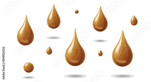 Set of Golden Honey or Oil Droplets Isolated on White Background