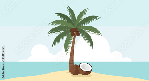 Coconut on sandy beach with palm.