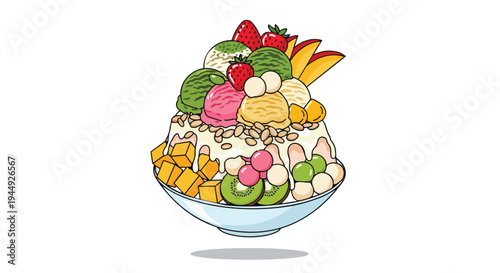 Colorful Bingsu Shaved Ice Dessert with Fresh Fruit and Ice Cream Scoops Illustration