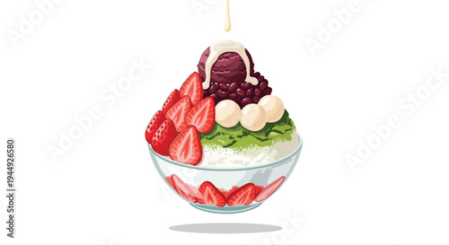 Strawberry Matcha Shaved Ice Dessert with Red Bean and Mochi