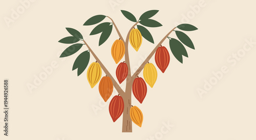 Colorful cacao pods on tree branch.