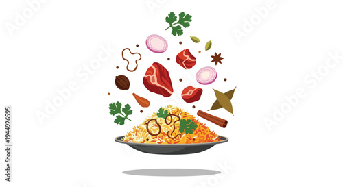 Delicious Biryani Rice Dish with Floating Spices and Meat Ingredients Illustration