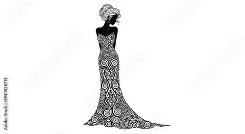 Vector illustration of a woman in a patterned evening gown and head wrap