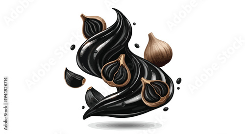 Black Garlic Cloves with Dynamic Liquid Splash Isolated on White