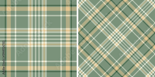 Green and beige plaid patterns on fabric textures side by side