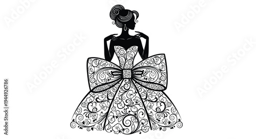 Vector illustration of woman in dress with bow, black and white