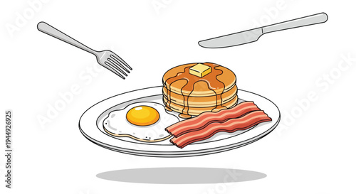 Illustration of a Delicious Breakfast Plate with Pancakes, Fried Egg, and Bacon
