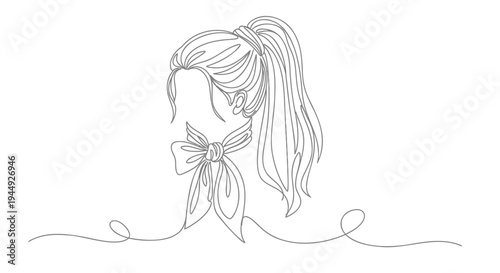 Vector illustration of woman's head with long hair in a ponytail and bow
