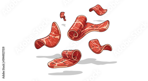 Floating Slices of Raw Beef Meat Isolated on White Background
