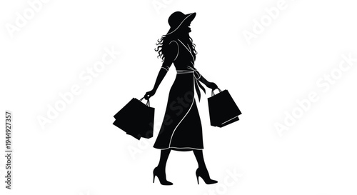 Black silhouette of woman with shopping bags vector