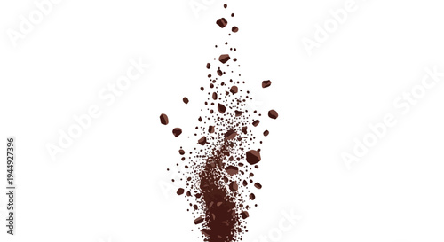 Explosion of chocolate chunks and cocoa powder particles on white background