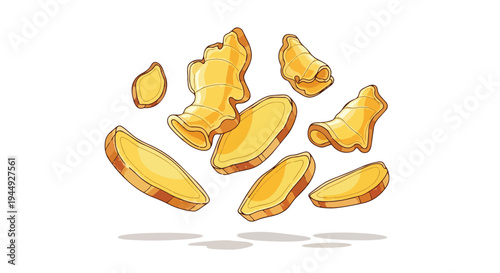 Fresh Ginger Root Pieces and Slices Floating Isolated on White Background