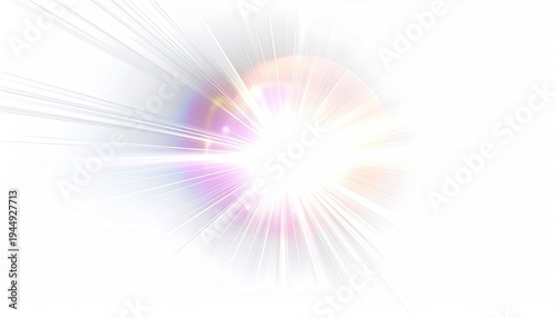 Burst of light with rainbow highlights on a white background, radiating energy
