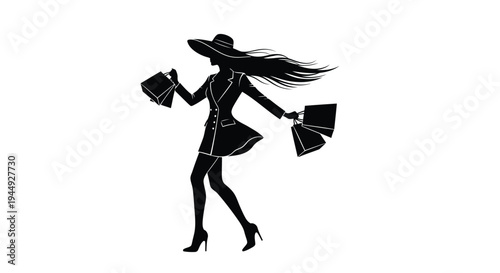 Black silhouette of a woman in a dress and hat holding purses vector