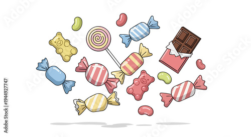 Assorted Colorful Candies and Chocolates Floating on White Background