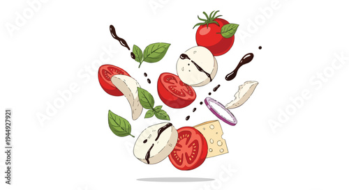 Fresh Caprese Salad Ingredients Floating with Balsamic Glaze Illustration