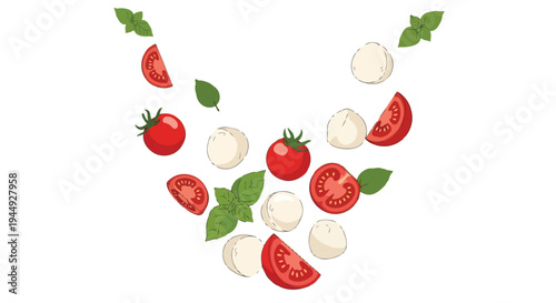 Fresh Caprese Salad Ingredients Falling with Mozzarella Tomatoes and Basil Leaves