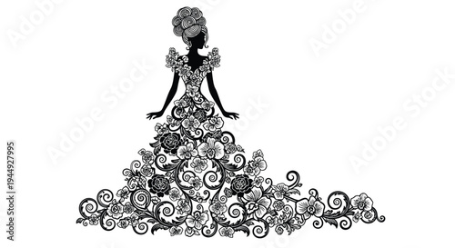 Vector illustration of woman in floral dress, black and white