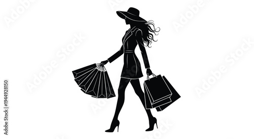 Black silhouette of woman walking with fan and shopping bags