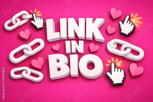 Link In Bio 3D Paper Cut Text with Chain Links on Magenta