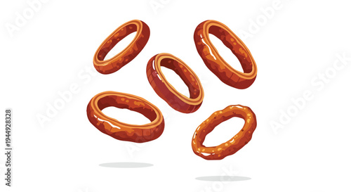 Floating Crispy Fried Onion Rings Isolated on White Background