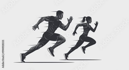 Running man and woman, isolated vector silhouettes. Run, side view. Silhouettes of athletic looking male and female runners running. EPS version.