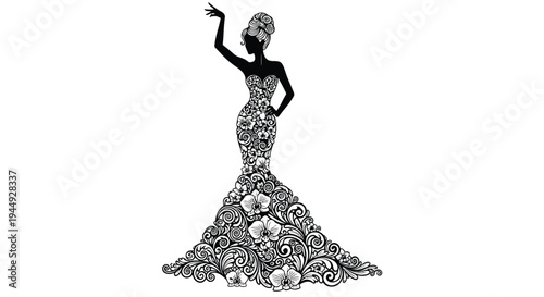 Vector illustration of a woman in a floral evening gown