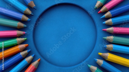 Colorful Crayons Arranged Around Circular Space on Bright Blue Background for Creative Designs and Artistic Expressions