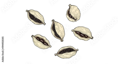 Hand Drawn Illustration of Whole Cardamom Pods Spices