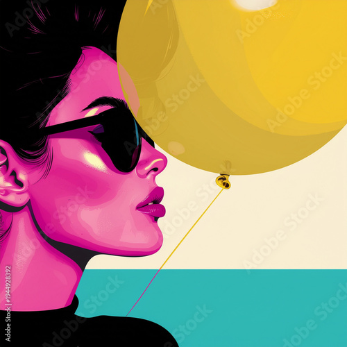 bold pop‑art profile glowing with surreal color, soft mystery, and the playful hush of a drifting balloon
