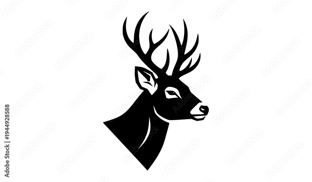 Obraz premium Side view deer head vector silhouette with antlers black and white nature icon isolated on transparent background
