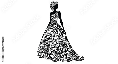 Black and white vector illustration of a woman in a decorative dress