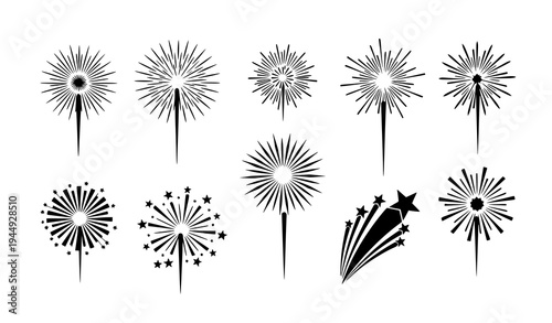 Fireworks vector set in black and white with various explosion patterns for celebration isolated on transparent background