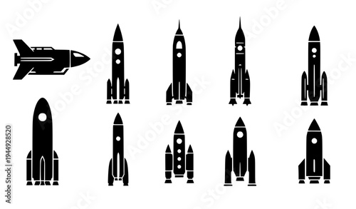 Missile and rocket silhouettes vector set with aerospace launch vehicles isolated on transparent background
