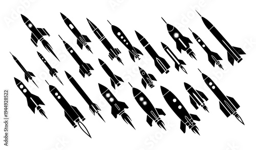 Black and white rocket missile silhouettes vector set with aerospace launch vehicles isolated on transparent background