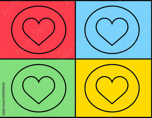vivid quartet of hearts glowing in bold color harmony and celebrating connection through modern pop‑art warmth