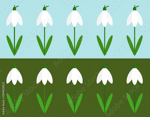 gentle snowdrop chorus repeating soft spring hope across shifting fields of color and quiet renewal