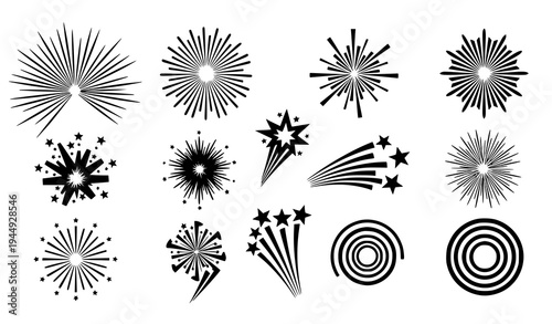 Black and white fireworks icons collection with multiple celebration patterns vector isolated on transparent background