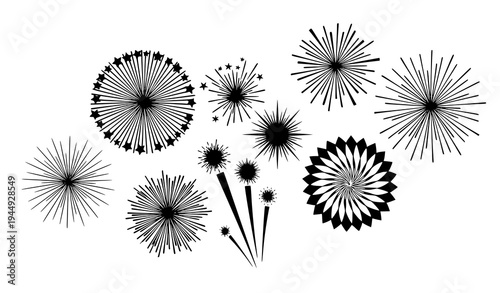 Black and white fireworks vector icons with different explosion patterns for celebration isolated on transparent background