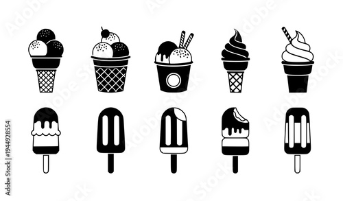 Ice cream and popsicle black and white vector set with dessert icons isolated on transparent background