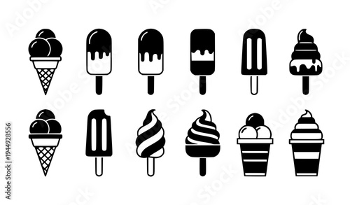 Black and white ice cream popsicle icons collection with dessert vector illustrations isolated on transparent background