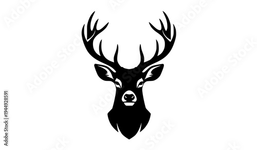 Deer head silhouette vector with antlers wildlife nature black and white illustration isolated on transparent background