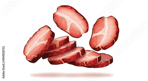 Fresh Sliced Pork Meat Pieces Floating Isolated on White Background